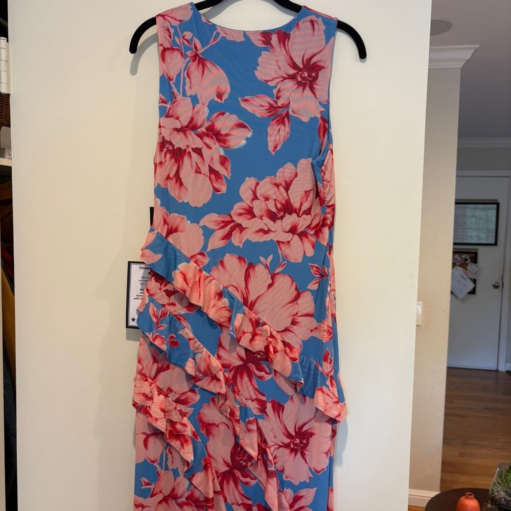 Rachel Roy dress sleeveless blue with big pink flowers, tiered ruffles (L) NWT - Picture 10 of 11